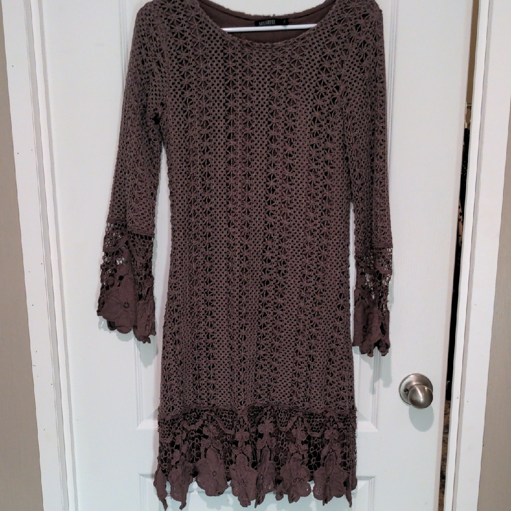 Mikarose Long Sleeve Crochet Lace Dress - Brown